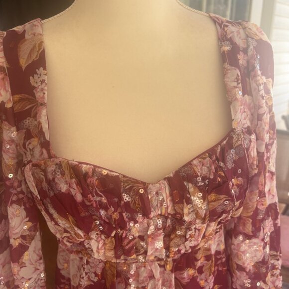 Altar'd State XS Maxi Dress Prom Lined Maroon Flowers Sequins Halter Bow Ruffles - Picture 2 of 7